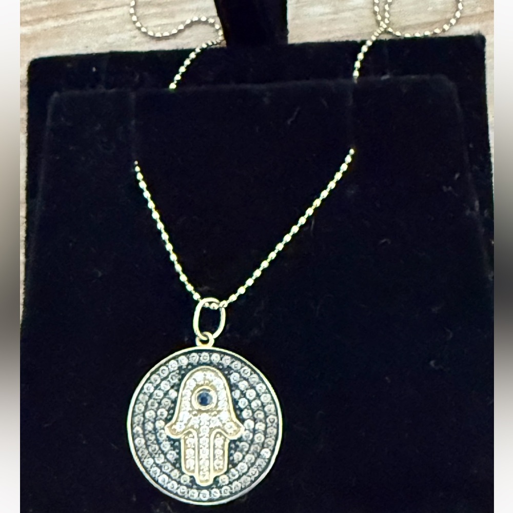Gold Hamsa Pendant Necklace with Diamonds and Sapphires